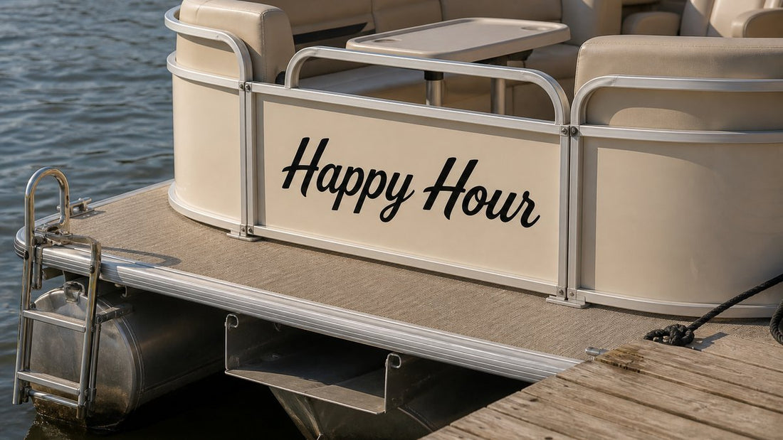 Pontoon boat with "Happy Hour" vinyl lettering on the side panel