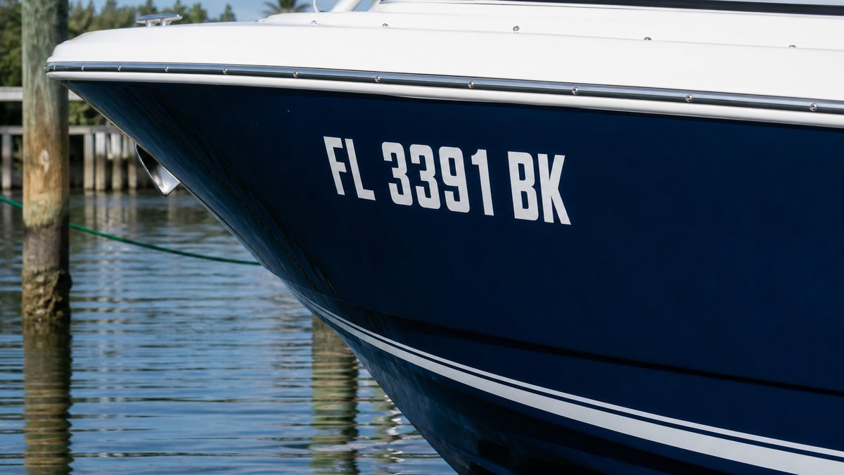 Navy boat bow with white registration numbers FL 3391 BK