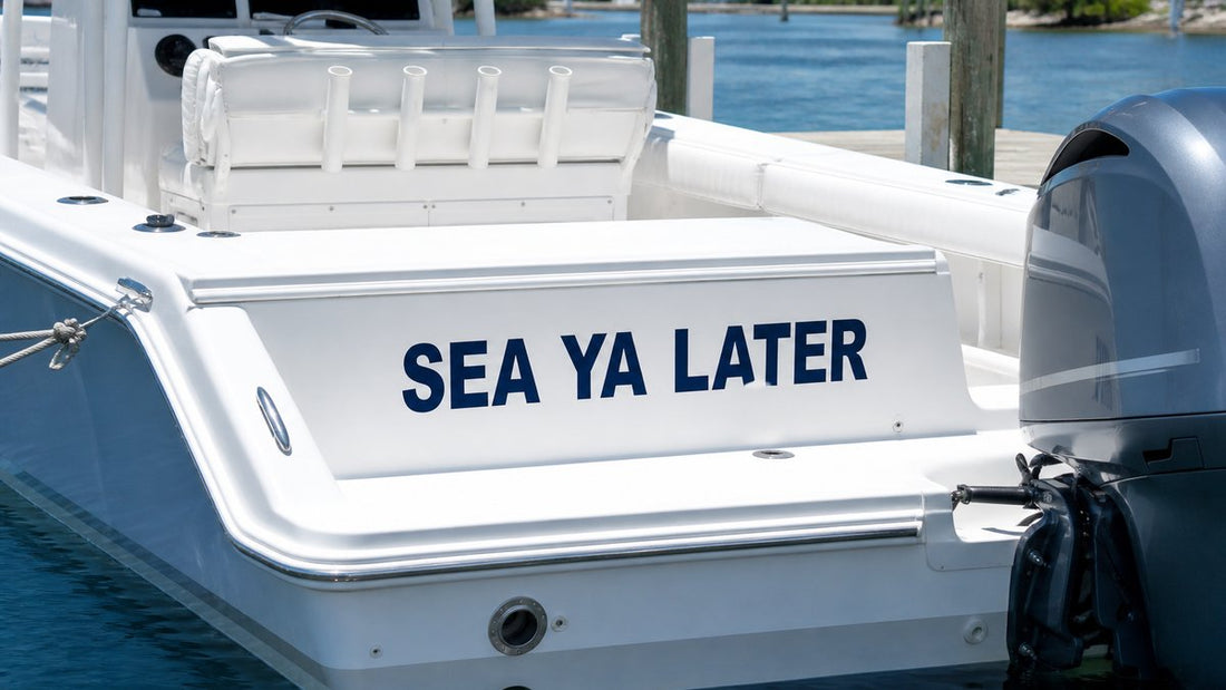Boat transom with vinyl boat name lettering
