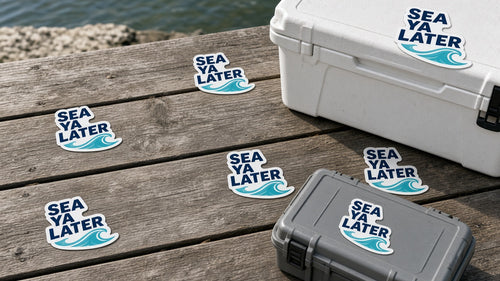 Boat name sticker pack on cooler and tackle box