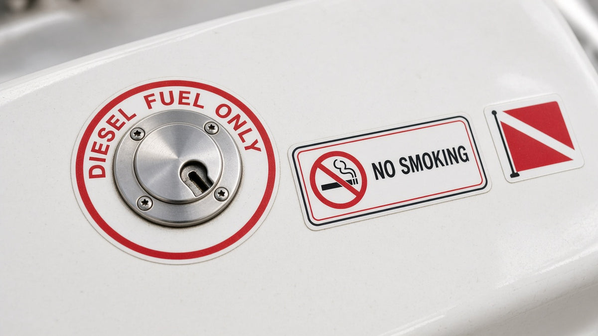 Marine safety labels: diesel fuel only, no smoking, diver down