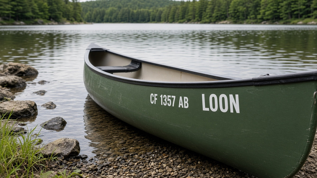Canoe with custom name and registration number vinyl decals
