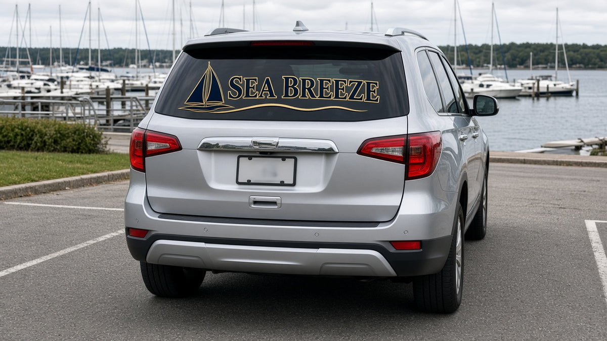 Custom boat name vinyl decal on a car window