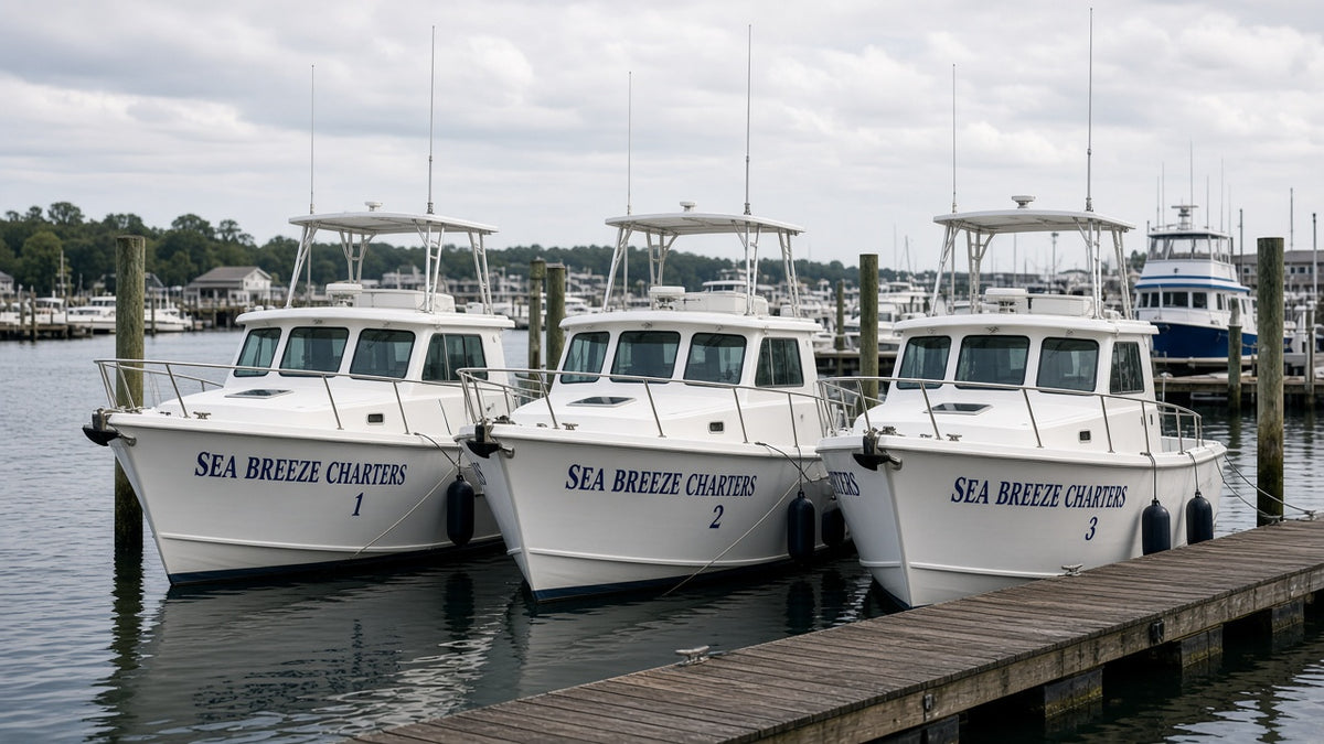 Charter and fleet boat lettering in vinyl