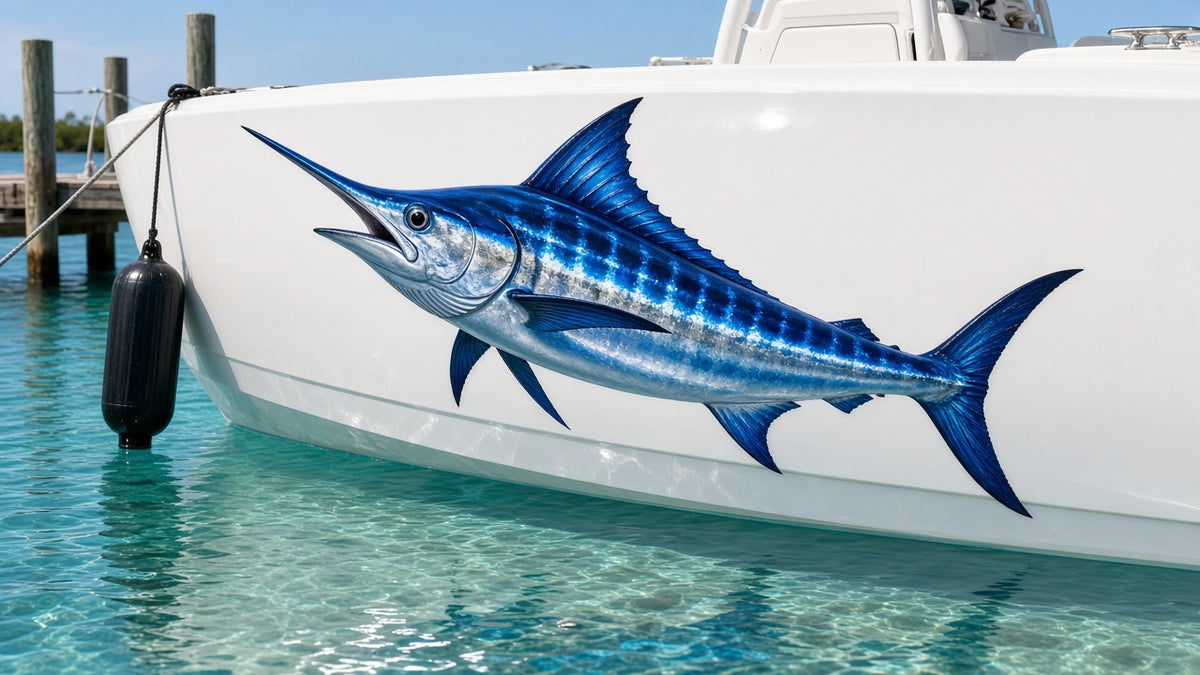 Full-color blue marlin boat graphic