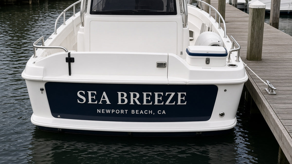Hailing port decal in white vinyl lettering on a boat transom