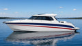 Boat side profile with navy and red hull stripes
