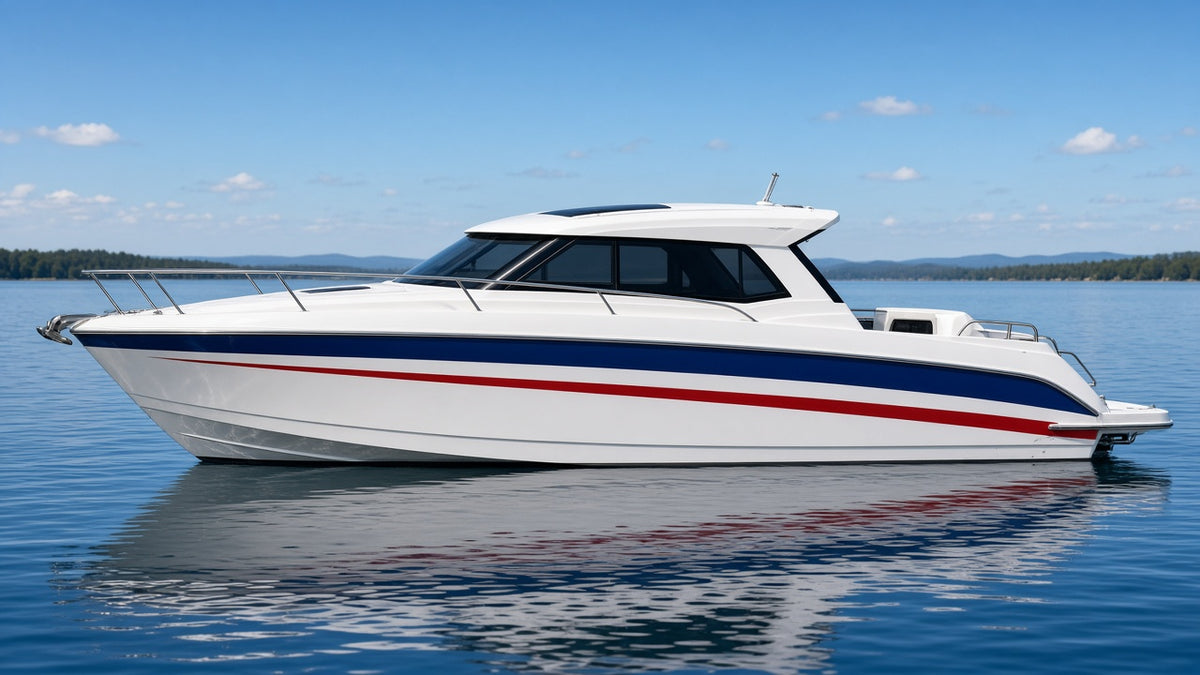 Boat side profile with navy and red hull stripes