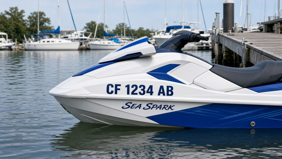 Jet ski on the water with custom vinyl registration numbers and name decals on the hull