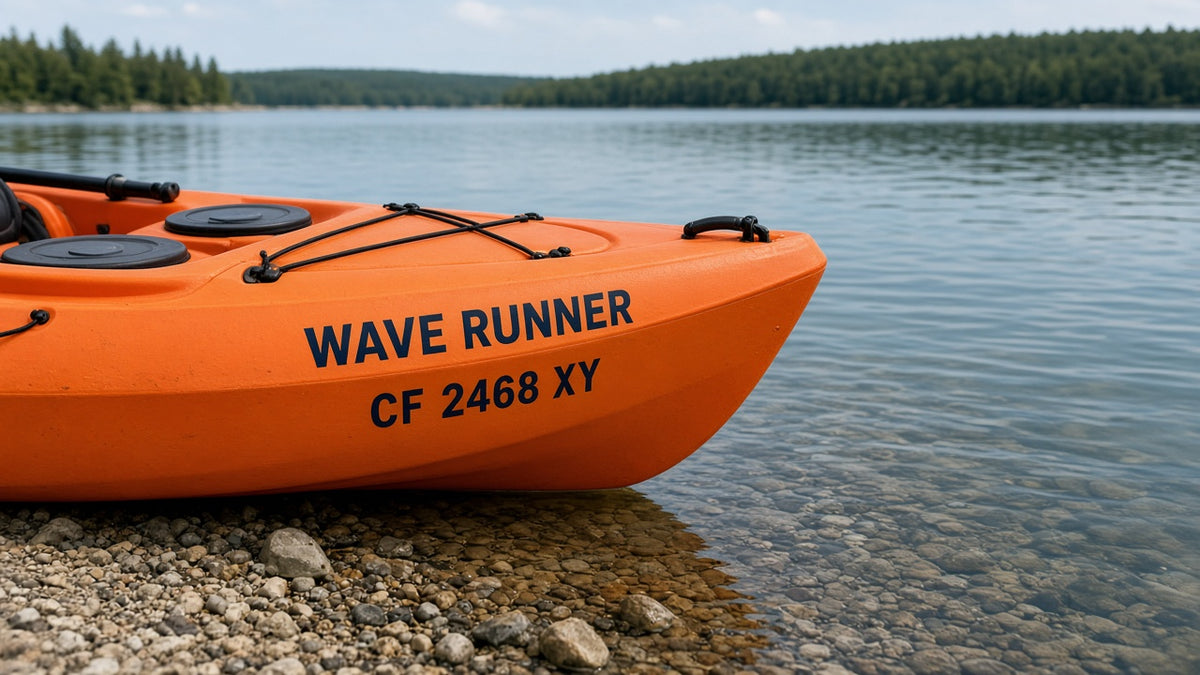 Custom kayak name and registration number vinyl decals on a kayak