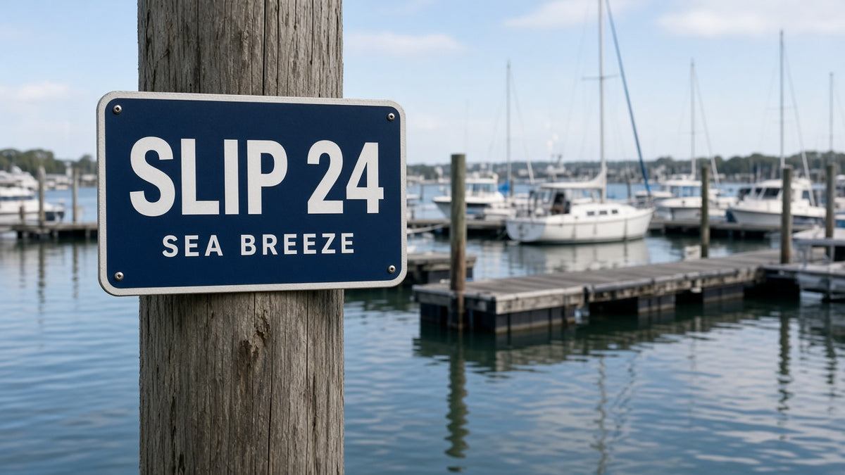 Custom boat slip number sign at a marina dock