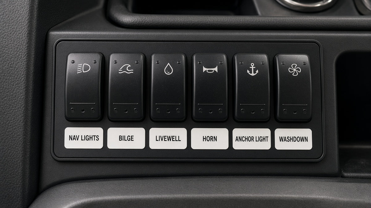 Custom switch panel labels on a boat helm