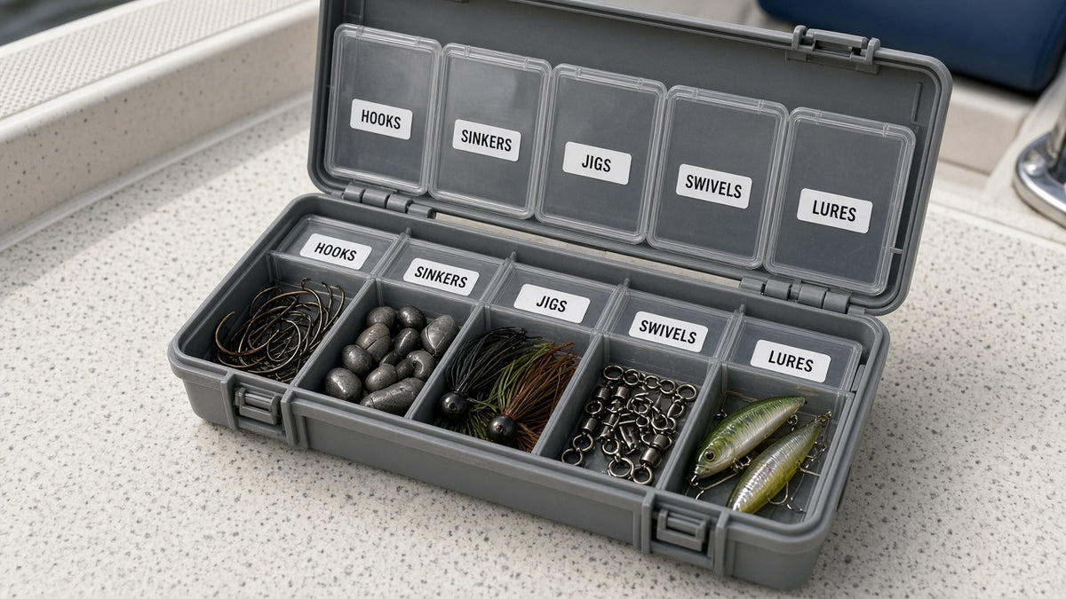 Custom vinyl labels on a tackle box