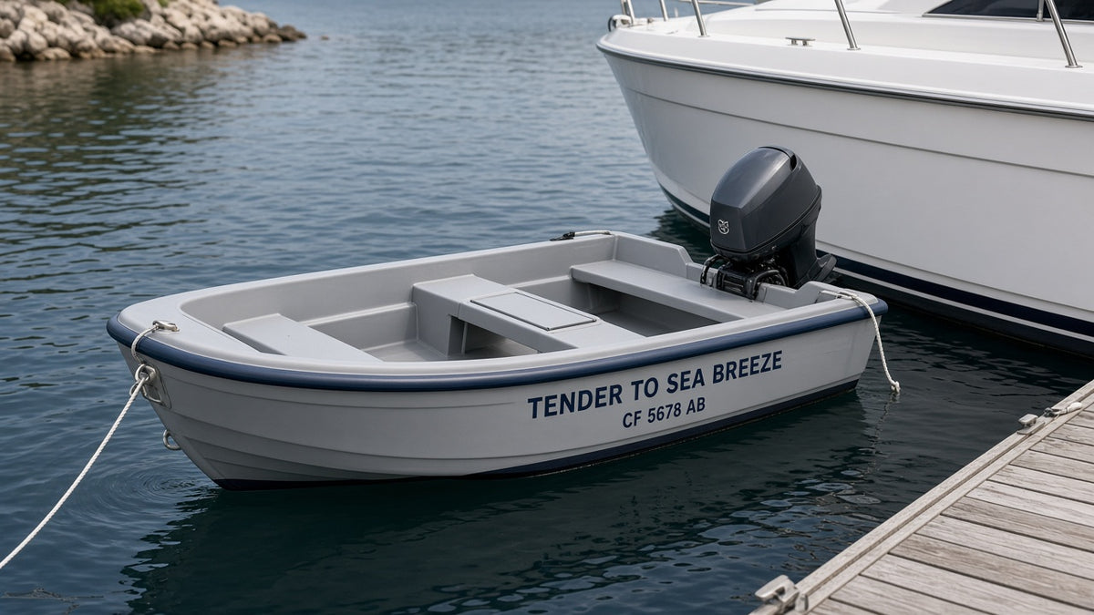 Hard-shell yacht tender with Tender To name and registration number vinyl lettering