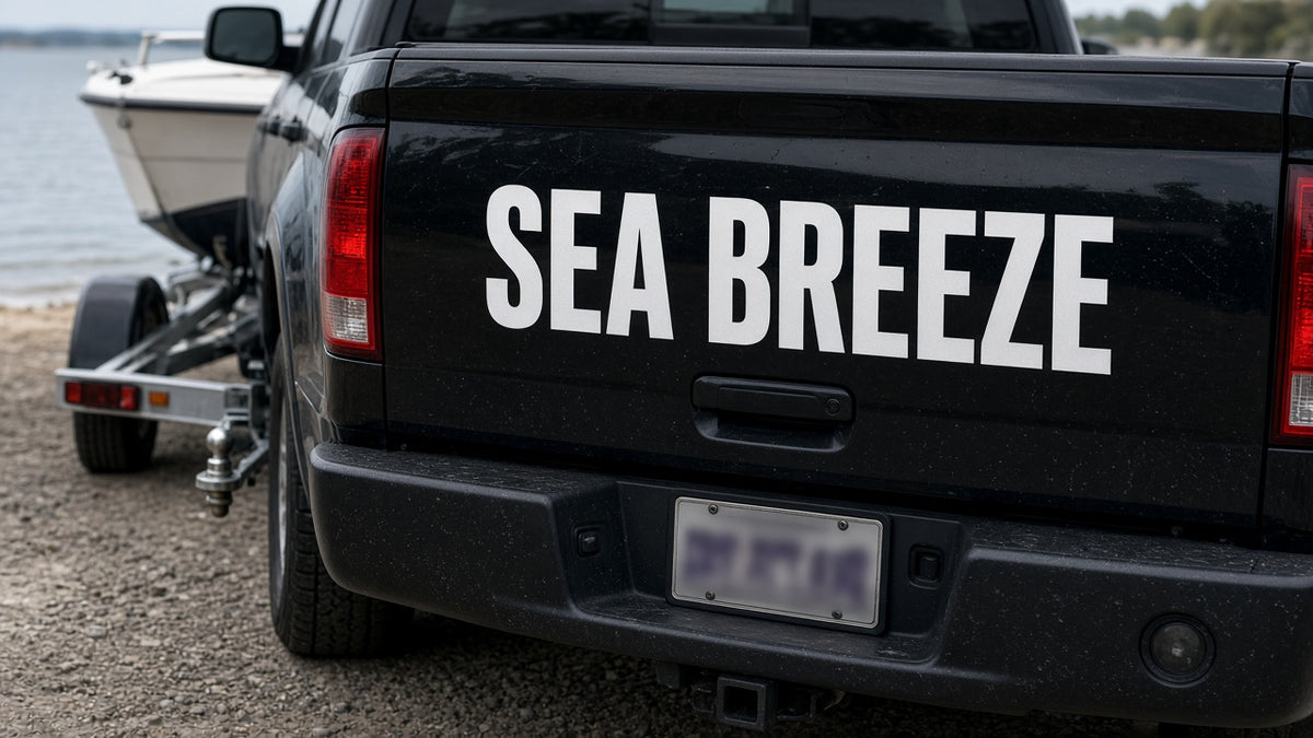 Custom boat name vinyl decal on a truck