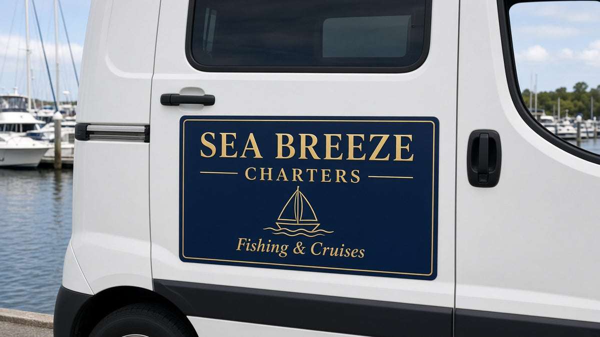 Custom magnetic boat name sign on a vehicle door